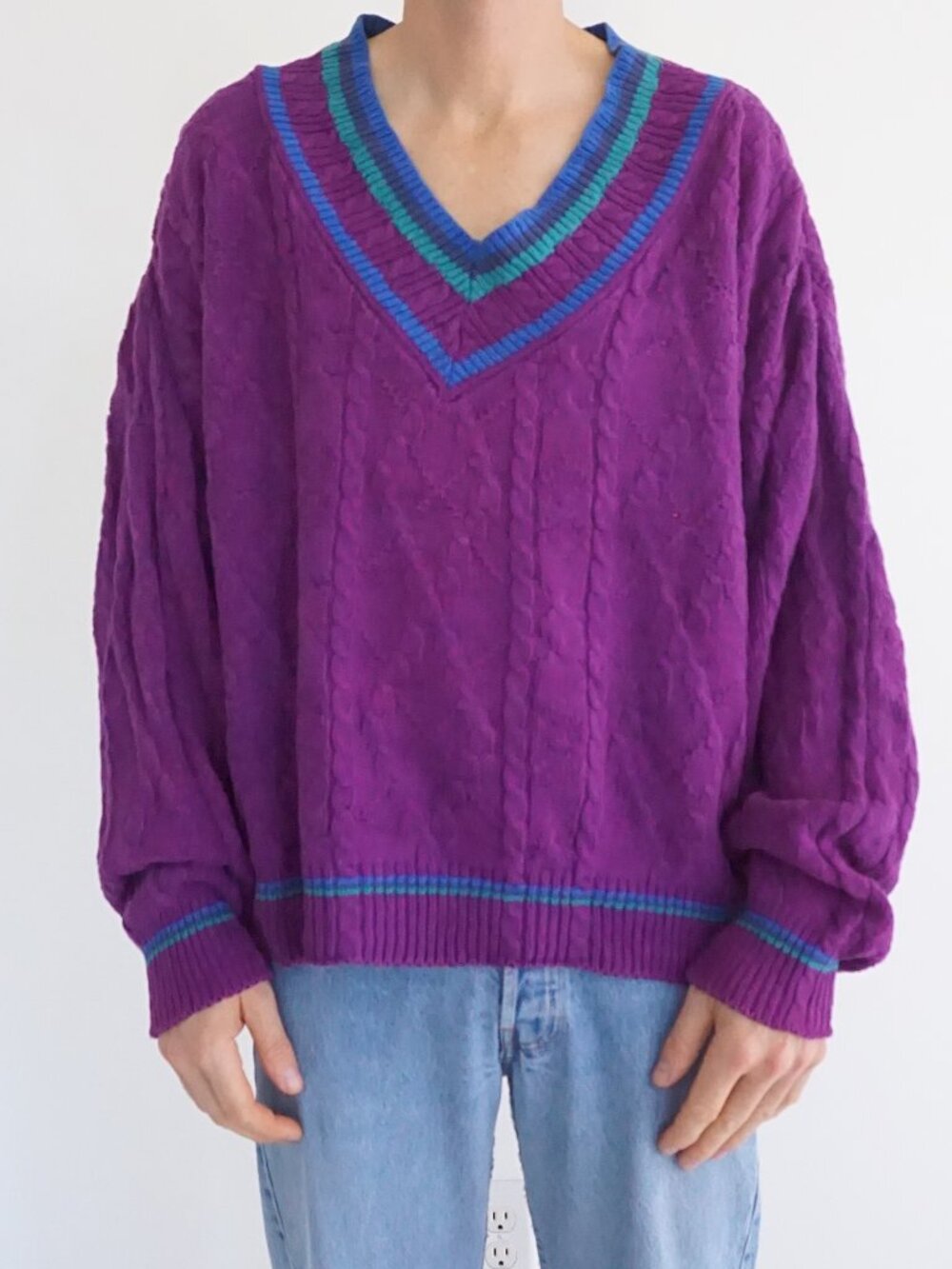 Vintage Alexander Julian Purple Stripe Cable Knit Cotton V Neck Tennis Sweater L